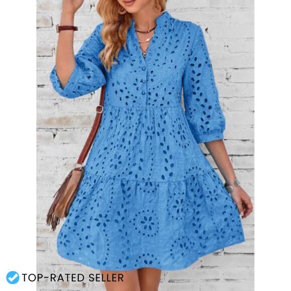 Eyelet Lace Midi Dress V-Neck Puff Sleeve Tiered A-Line Casual Chic - Picture 4 of 6